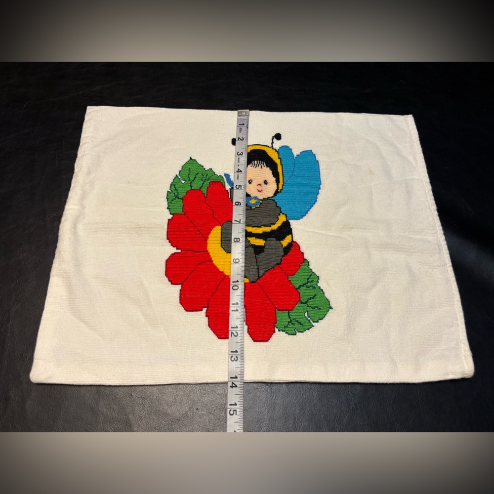 Vintage Handmade Needlepoint Pillow Cover Bee Child on Flower - Picture 8 of 8